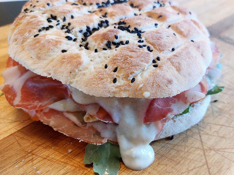 Panini Coppa, cream and pickled mushrooms. Recipe