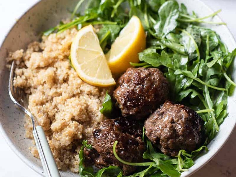 Greek Beef Meatballs with Quinoa and Arugula Salad Recipe Samsung Food