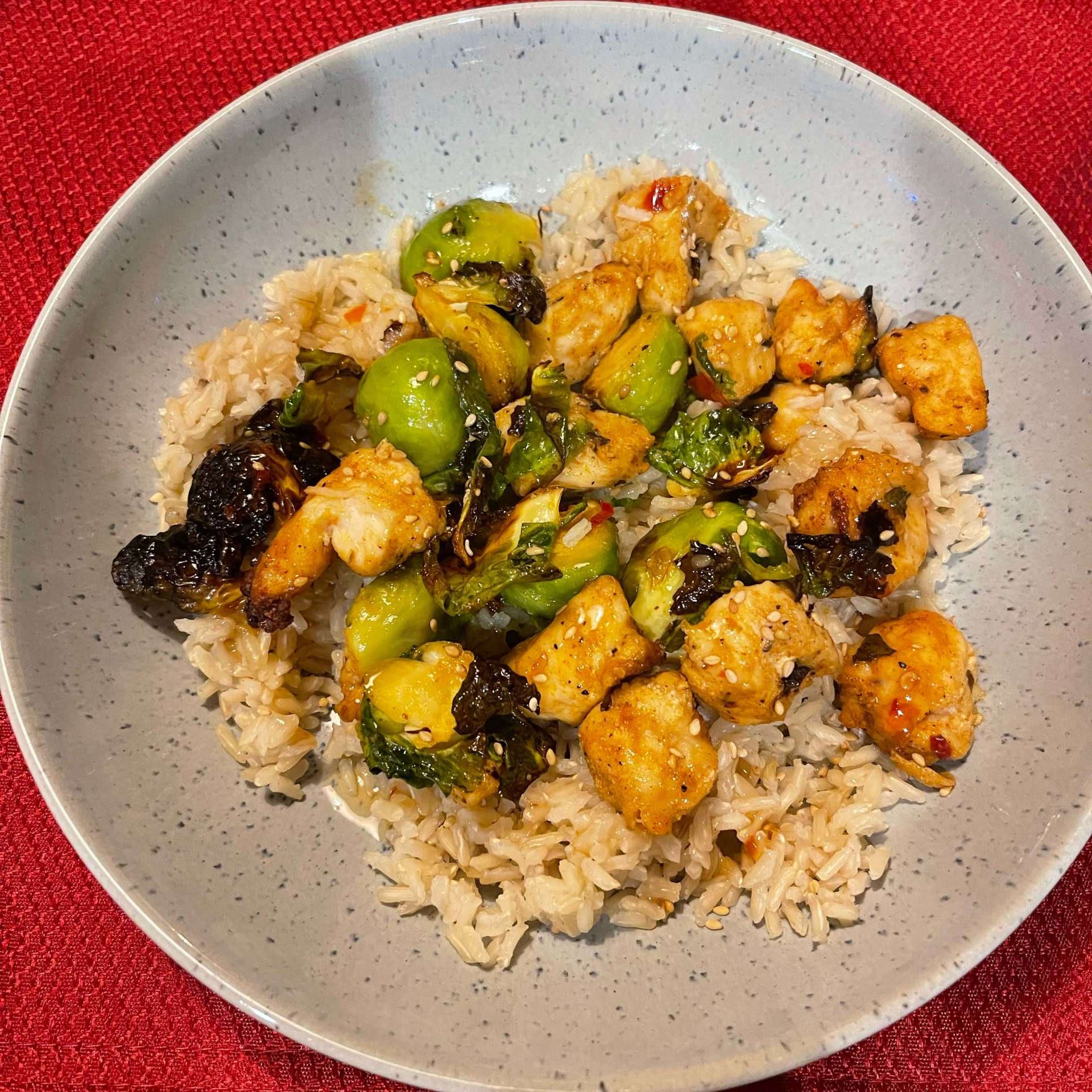 Air Fryer Sweet Chili Chicken and Brussels Sprouts Recipe Samsung Food