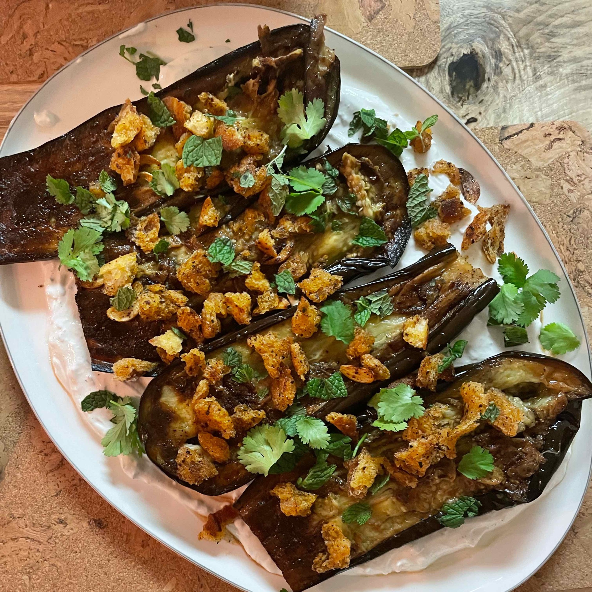 Long-Roasted Eggplant with Garlic, Labne, and Tiny Chile Croutons ...