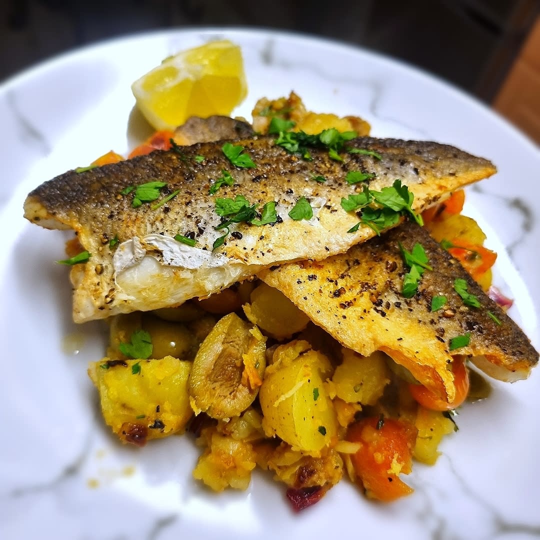 Pan Fried Sea Bass With Mediterranean Crushed Potatoes — Chris Baber Recipe Whisk 0029